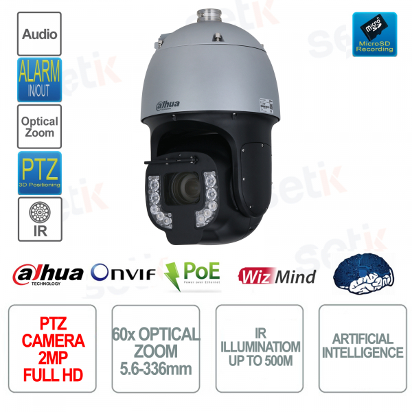 Caméra IP ONVIF 2MP PTZ - Zoom 60x 5,6-336 mm - Starlight - IR 500m - Intelligence Artificielle