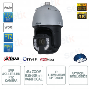 Telecamera PTZ IP ONVIF 8MP 4K ULTRA HD - 48x Zoom - 6.25-300mm IR 500m - Intelligenza artificiale