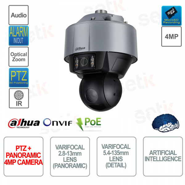 Caméra extérieure PTZ IP POE ONVIF - 4MP - Double objectif 2,8-12mm - 5,4-135mm - AI - Dahua