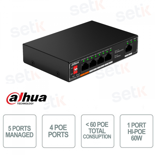 Desktop-Switch – 5 Ports, 4 PoE-Ports – 1 Port – Hi-PoE 60 W – Watchdog PoE – Dahua