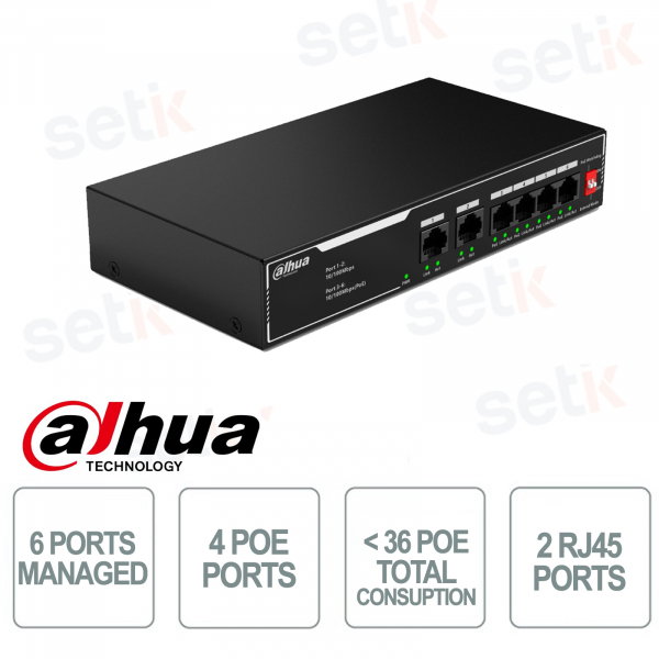Switch Fast Ethernet - 6 Porte 4 Porte PoE - 2 Porte RJ45 - Watchdog PoE - Dahua