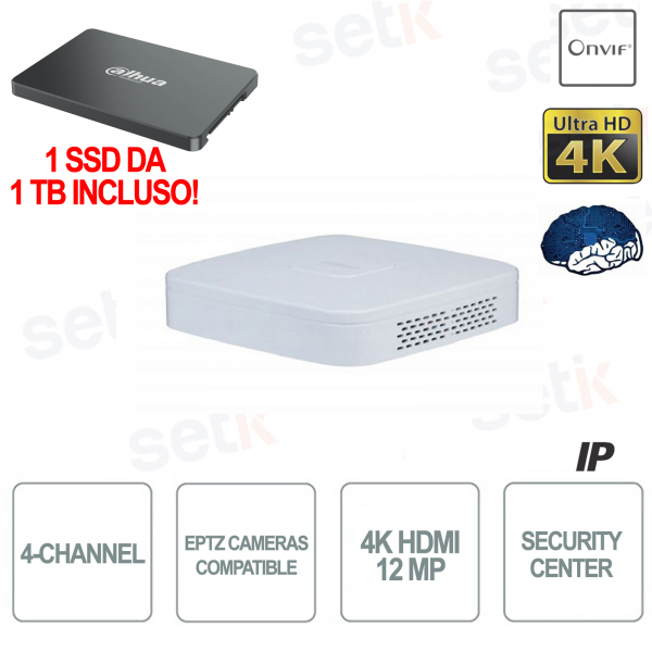 Grabador NVR IP de 4 canales 4K HDMI 12MP SSD de 1TB incluido - DAHUA