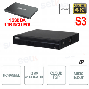 NVR IP a 8 Canali 4K H.265 fino a 12MP 1SSD da 1TB incluso Audio - Versione S3 - Serie Lite - Dahua