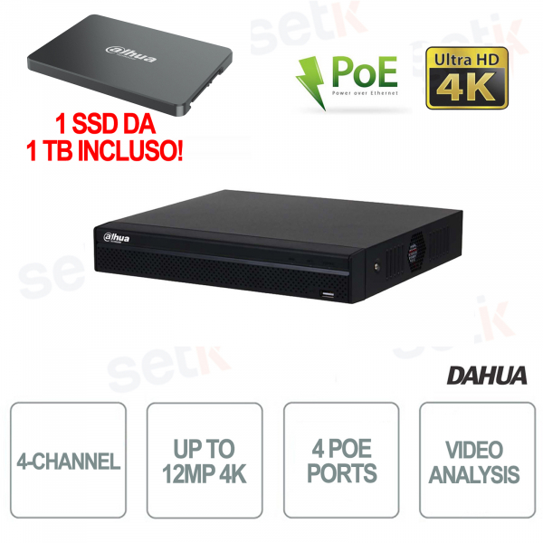 4 channel IP Nvr 4K H265+ up to 12MP 4 POE 1SSD 1TB Included - DAHUA