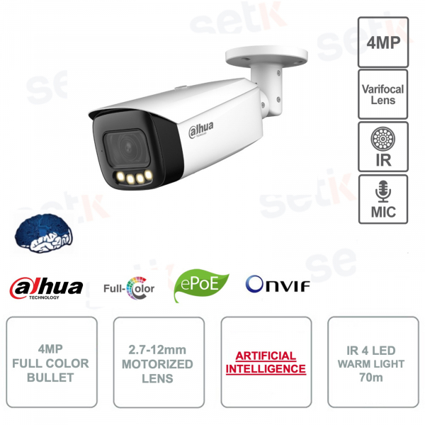 FUll Color 4MP outdoor IP PoE ONVIF® camera - AI - 2.7-12mm - IR 70m - Alarm - Audio - S2 - Dahua