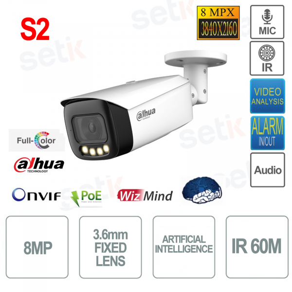 ePoE ONVIF® Full Color Bullet IP Camera 8MP - 3.6mm Lens - IR 60m - Video Analysis - S2 - Dahua