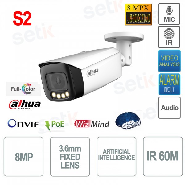 Cámara IP Bullet ePoE ONVIF® Full Color 8MP - Lente 3.6mm - IR 60m - Análisis de Video - S2 - Dahua