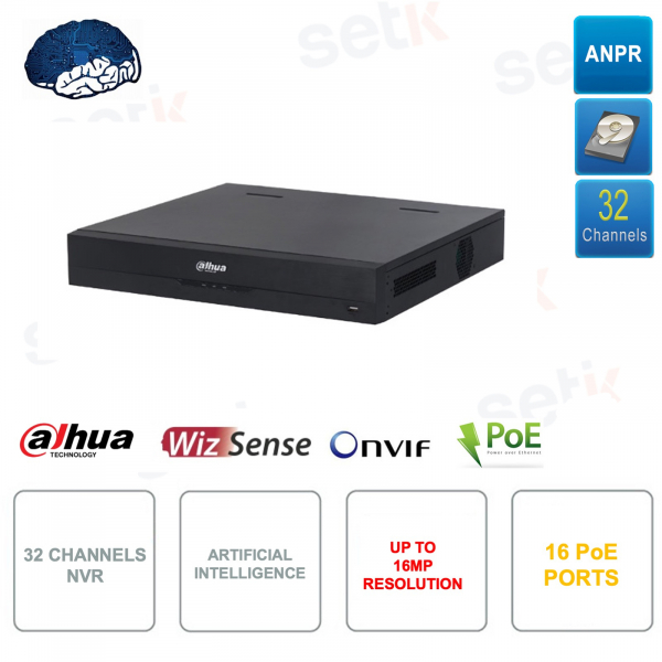 NVR IP PoE ONVIF® de 32 canales - Hasta 16MP - 16 puertos PoE - 4HDD - Inteligencia artificial - Audio - Alarma - Dahua
