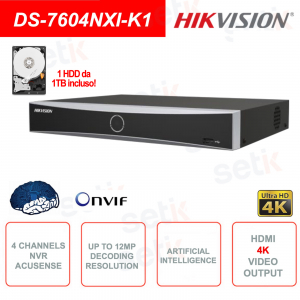 NVR IP ONVIF® de 4 canales Hikvision AcuSense - Inteligencia artificial - HASTA 12 MP - ¡HDD de 1 TB incluido!