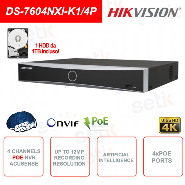 Hikvision AcuSense 4-Kanal ONVIF® IP NVR – Künstliche Intelligenz – BIS zu 12 MP – 1 TB Festplatte im Lieferumfang enthalten