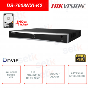 ONVIF® IP NVR - 8 canales IP - Hasta 12MP - Inteligencia artificial - Audio - Alarma - HDD de 1TB incluido