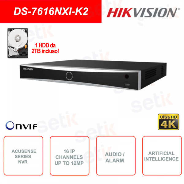 ONVIF® IP NVR - 16 IP channels - Up to 12MP - Artificial intelligence - Audio - Alarm - 1 2TB HDD included