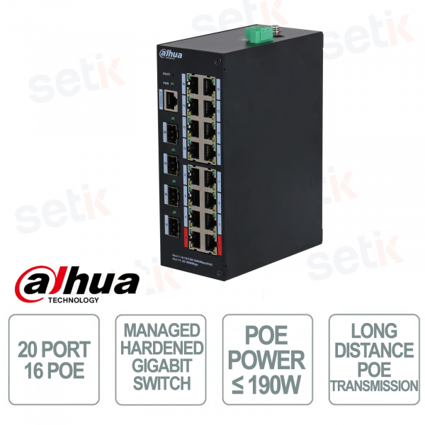 20-Port-Netzwerk-Switch, verwaltet, gehärtet, 16 PoE-Ports – Dahua