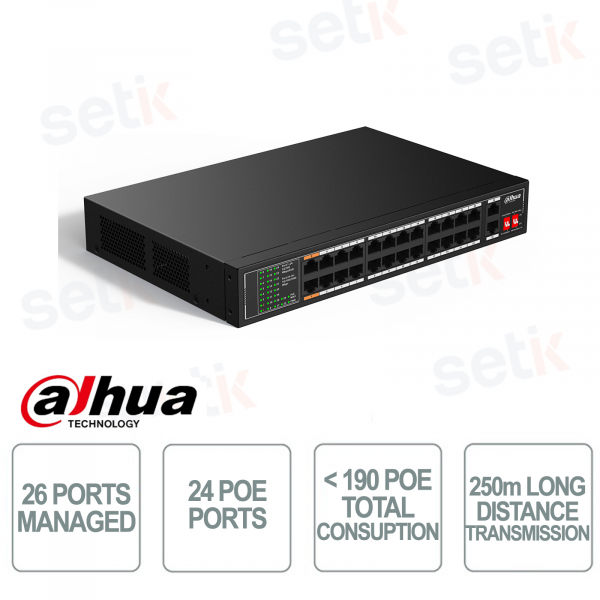 Desktop-Switch – 26 Ports, 24 PoE-Ports – 2 RJ45-Ports – VIP-Port – Watchdog PoE – Dahua