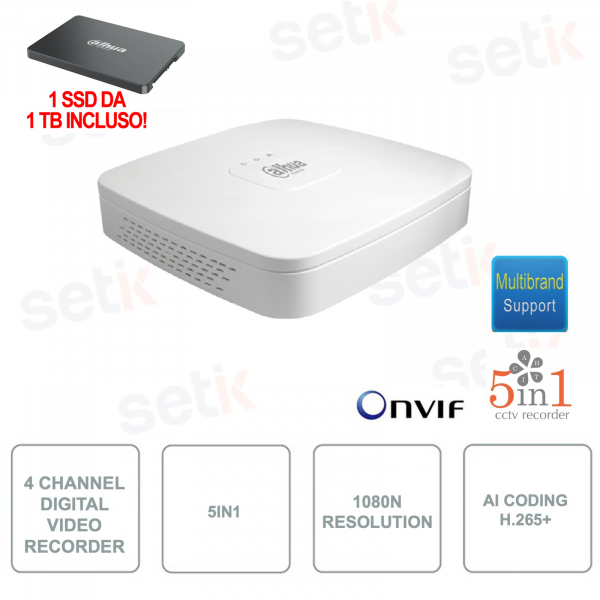 XVR - 4 Channels - 5in1 - 1080N/720p Resolution - 1TB SSD included Digital Video Recorder - H.265+ with AI Coding - Dahua