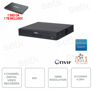 XVR ONVIF® - 4 Canali - 5in1 - 1SSD da 1TB incluso - Risoluzione 1080N/720p - H.265+ con AI Coding - Dahua