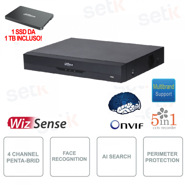 XVR ONVIF® - 4 canaux - JUSQU'à 5M-N/1080p - 5en1 - SSD 1 To incluant H.265+ avec codage AI - Dahua