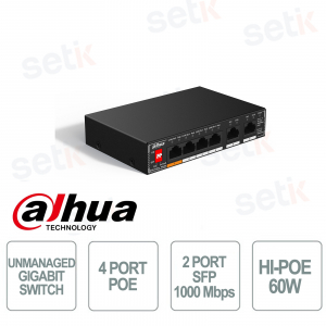 Switch Unmanaged Gigabit - 6 porte - 4 Porte PoE - 2 PorteRJ45 - Hi-PoE 60W- Dahua