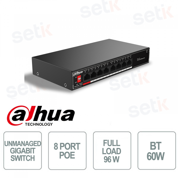 Switch Unmanaged Gigabit - 8 porte PoE - BT 90W- Dahua