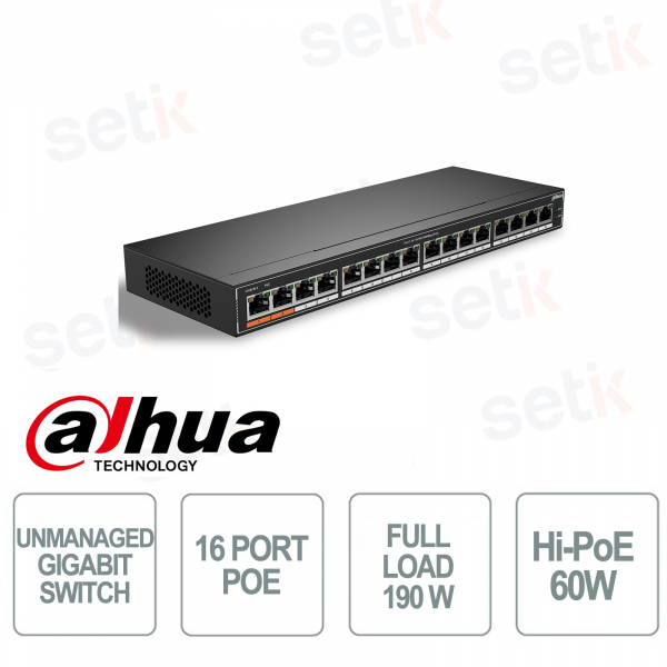 Switch Gigabit no administrado - 16 puertos PoE Hi-PoE 60W - Dahua