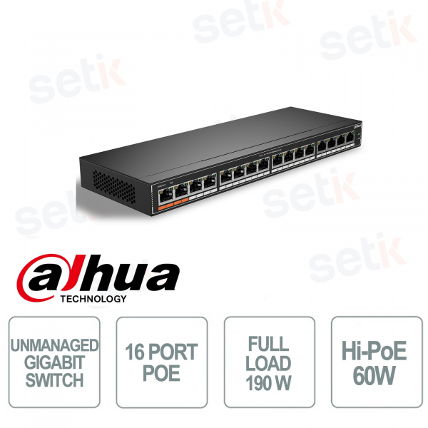 Switch Unmanaged Gigabit - 16 porte PoE Hi-PoE 60W - Dahua
