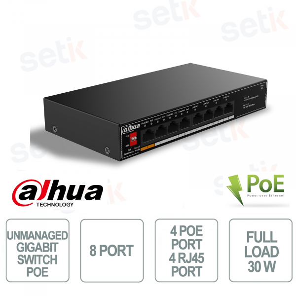 Switch Unmanaged Gigabit PoE - 8 Porte 4 Porte PoE - 4 Porte RJ45 - Dahua