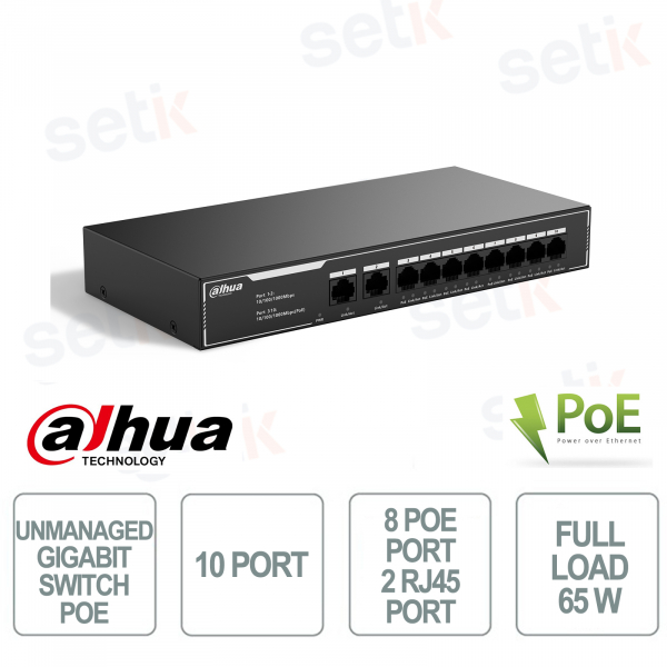 Switch PoE Gigabit non géré - 10 ports 8 ports PoE - 2 ports RJ45 - Dahua