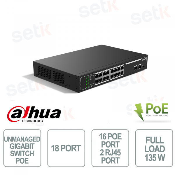 Switch Unmanaged Gigabit - 18 porte 16 porte PoE 2 porte SFP - Dahua
