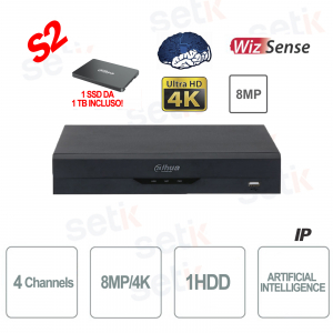 WizSense NVR 4 Canales H.265 - Inteligencia Artificial - SSD de 1TB incluido Hasta 8 MP 4K - S2 - Dahua