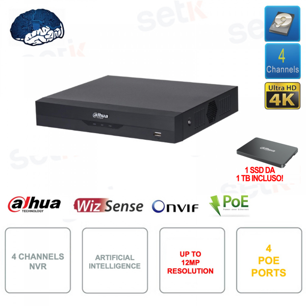 NVR IP ONVIF® PoE 4 canaux - Jusqu'à 12MP - SSD 1 To inclus 4 ports PoE - Intelligence artificielle