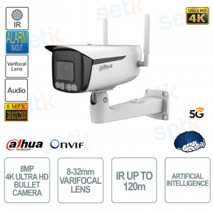 Caméra IP ONVIF 8MP 4K - 8-32mm - 4 LED IR et 4 lumière chaude 120m Intelligence Artificielle - 5G - Pour extérieur - Dahua