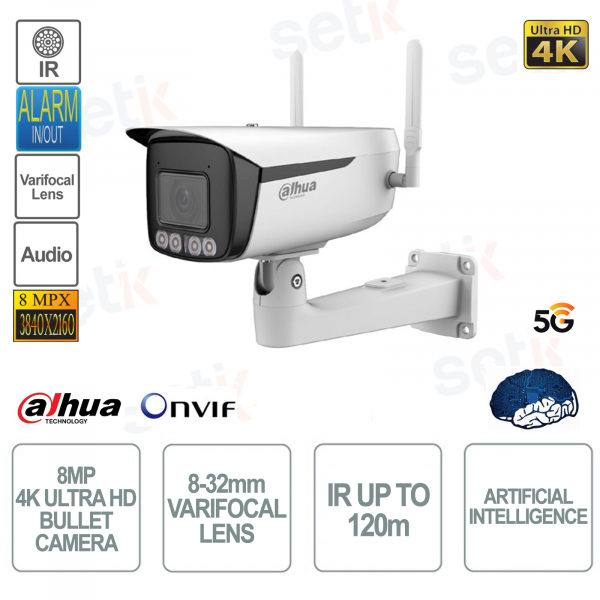 Cámara IP ONVIF 8MP 4K - 8-32mm - 4 LEDs IR y 4 luz cálida 120m Inteligencia artificial - 5G - Para exterior - Dahua