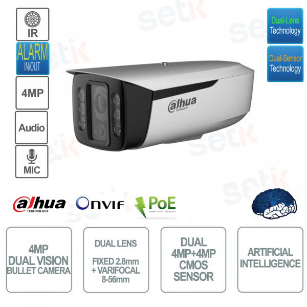 Telecamera Bullet IP POE ONVIF - Doppia ottica e doppio sensore 4MP - 3.6mm fissa e 8-56mm varifocale - Intelligenza artificiale