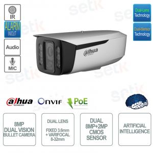 Cámara Bullet IP ONVIF POE - Doble lente y doble sensor 8MP+2MP - Fija 3.6mm y varifocal 8-32mm - AI