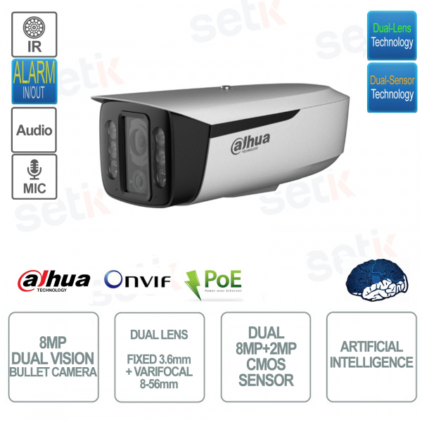 POE ONVIF IP-Bullet-Kamera – Doppelobjektiv und Doppelsensor 8 MP + 2 MP – 3,6 mm fest und 8–56 mm Varifokal – KI