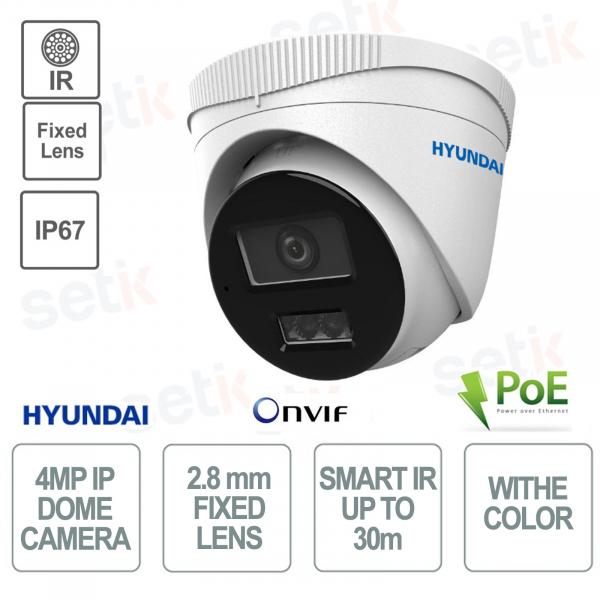 PoE-Dome-Kamera für den Außenbereich – IP – Smart Hybrid Light – 4 MP – 2,8 mm – Smart IR 30 m – IP67 – Mikrofon – Hyundai