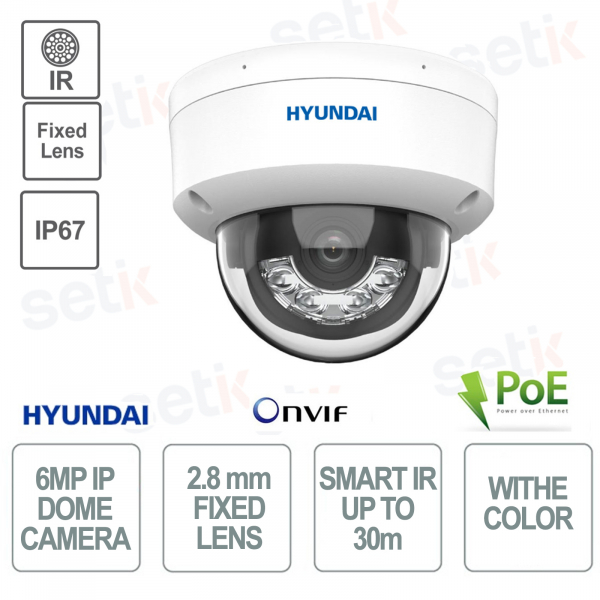 PoE-Dome-Kamera für den Außenbereich – IP – Smart Hybrid Light – 6 MP – 2,8 mm – Smart IR 30 m – IP67 – Mikrofon – Hyundai