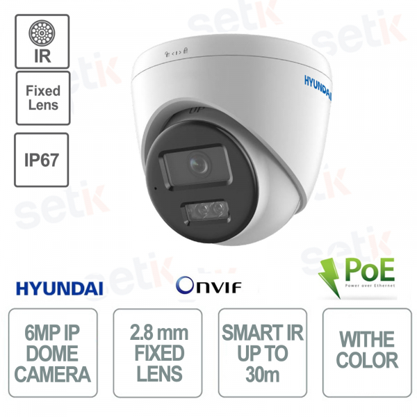 Cámara Domo PoE para Exterior - IP - Luz Híbrida Inteligente - 6MP - 2.8mm - Smart IR 30m - IP67 - Micrófono - Hyundai