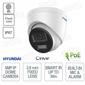 Cámara Domo PoE para Exterior - IP - Luz Híbrida Inteligente - 6MP - 2.8mm - Smart IR 30m - IP67 - Alarma - Micrófono - Hyundai