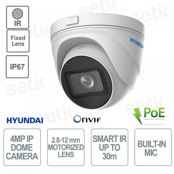 Cámara Domo PoE para Exterior - IP - Luz Híbrida Inteligente - 4MP - 2.8-12mm - Smart IR 30m - IP67 e IK08 - Micrófono - Hyundai