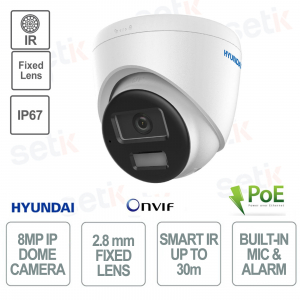 PoE-Dome-Außenkamera – IP – Smart Hybrid Light – 8 MP – 2,8 mm – Smart IR 30 m – IP67 – Alarm – Mikrofon – Hyundai