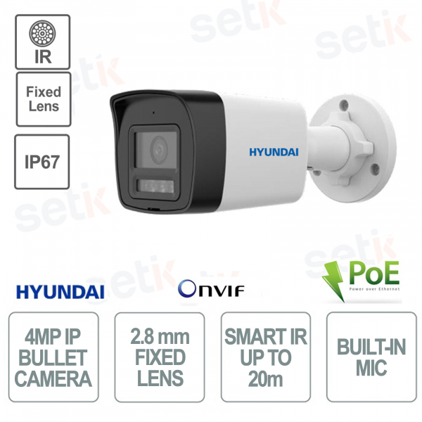 Cámara IP Bullet para exterior 4 Megapíxeles lente fija 2.8mm IR 20m PoE IP67 - Micrófono - Hyundai