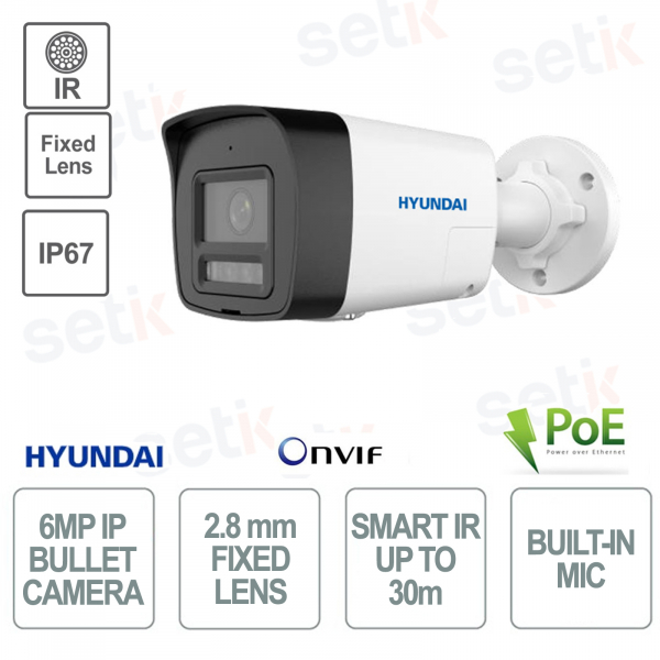 Outdoor-Bullet-IP-Kamera, 6 Megapixel, festes Objektiv, 2,8 mm IR, 30 m PoE, IP67 – Mikrofon – Hyundai