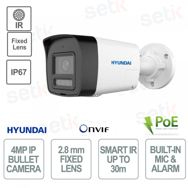 Bullet-IP-Kamera für den Außenbereich, 4 Megapixel, festes Objektiv, 2,8 mm IR, 30 m PoE IP67 – Mikrofon und Alarm – Hyundai