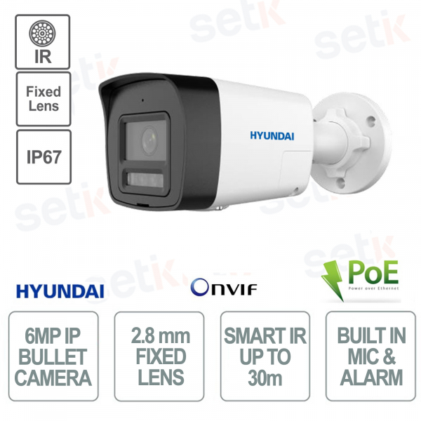 Cámara IP Bullet para exterior 6 Megapíxeles lente fija 2.8mm IR 30m PoE IP67 - Micrófono y Alarma - Hyundai