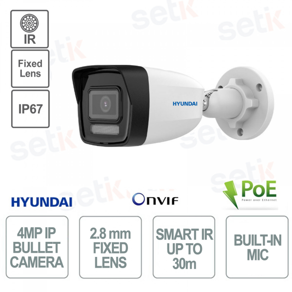 Caméra IP Bullet extérieure 8 Mégapixels objectif fixe 2,8 mm IR 30 m PoE IP67 - Microphone - Hyundai