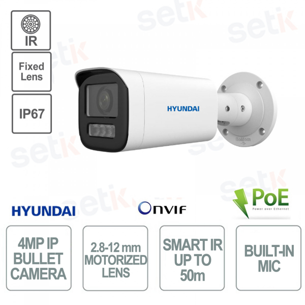 Cámara IP Bullet Exterior 4 Megapixeles óptica motorizada 2.8-12mm IR 50m PoE IP67 - Micrófono Blanco - Hyundai