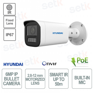 Cámara IP Bullet Exterior 6 Megapixeles óptica motorizada 2.8-12mm IR 50m PoE IP67 - Micrófono Blanco - Hyundai