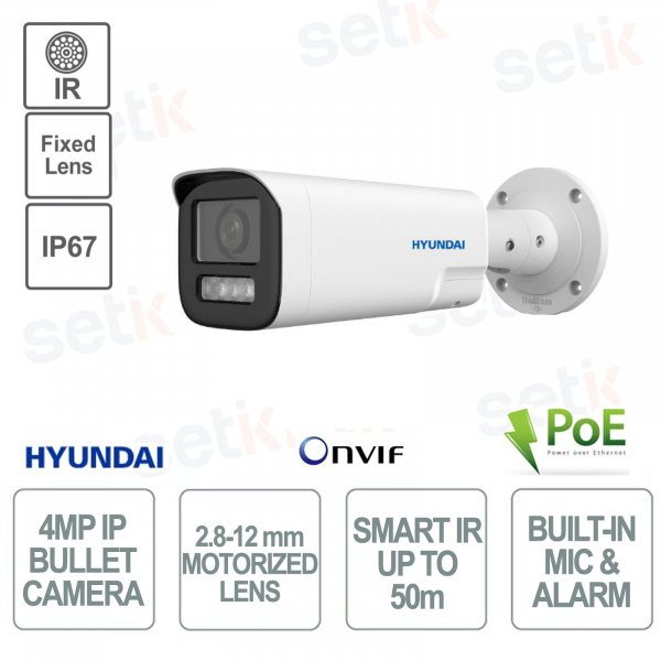 Telecamera Bullet IP da esterno 4 Megapixel ottica motorizzata 2.8-12mm IR 50m PoE IP67 - Microfono & Allarme - Hyundai