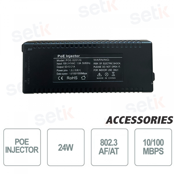 PoE-Injektor 52 W 802.3 AF/AT 1 x RJ45 PoE + 1 x LAN 100 Mbit/s – Setik